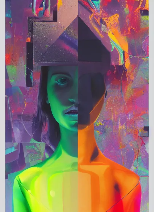 Image similar to futuristic lasers tracing, colorsmoke, fullbodysuit, pyramid hoodvisor, raindrops, wet, oiled, beautiful cyborg girl, by steven meisel, kaws, rolf armstrong, mondrian, hannah af klint perfect geometry abstract acrylic, octane hyperrealism photorealistic airbrush collage painting, monochrome, neon fluorescent colors, minimalist rule of thirds, eighties eros