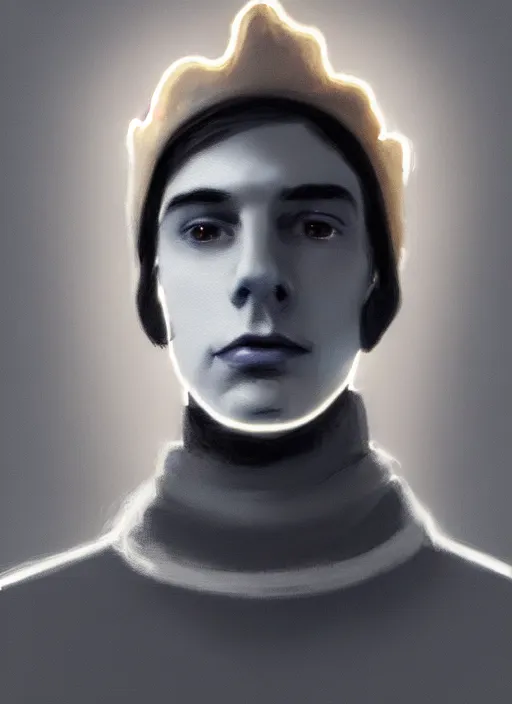 Image similar to portrait of teenage jughead jones wearing a light grey crown, crown, blue turtleneck, 1 9 5 0 s, closed eyes, photorealistic, black hair, glowing lighting, intricate, elegant, glowing lights, highly detailed, digital painting, artstation, concept art, smooth, sharp focus, illustration, art by wlop, mars ravelo and greg rutkowski