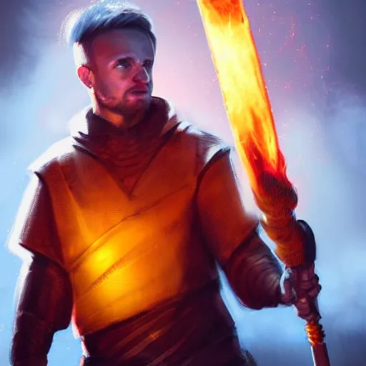 Prompt: Jesse Pinkman wearing plate armour holding a glowing fire magical staff. Trending on Artstation octane render ultra detailed art by Ross tran