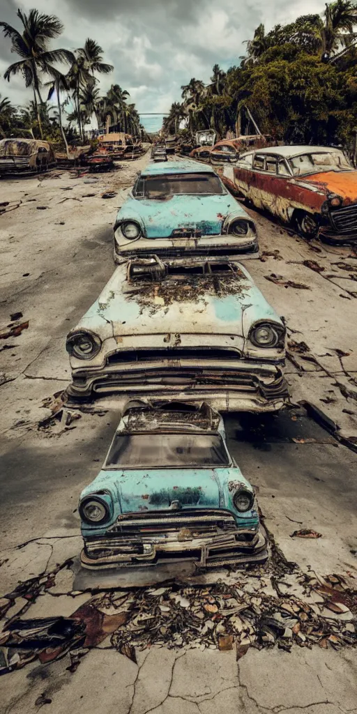 Image similar to wide angle shot of dilapidated fallout 5 miami, tropical coastal city, desolate, dilapidated, some rusted retro futuristic vintage parked vehicles like cars, buses, trucks, trams, slight overcast weather, fog, volumetric lighting, photorealistic, daytime, autumn, sharp focus, ultra detailed,