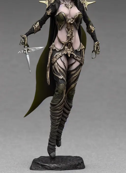 Prompt: 80mm resin detailed miniature of a Dark Elf Female, clothed in dark elf suit, olive skin, long sliver hair, Elven Dagger, Product Introduction Photos, 4K, Full body