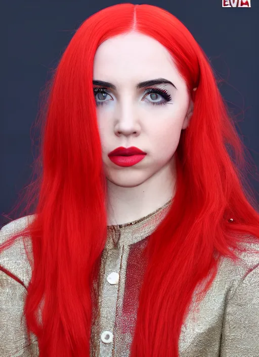 Image similar to ava max bright red hair photographed by charlotte rutherford, canon, highly realistic. high resolution. highly detailed. dramatic. 8 k. 4 k.