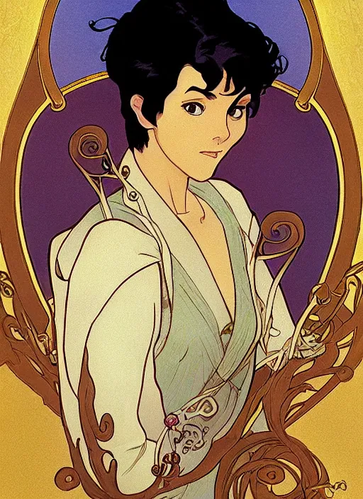 Image similar to well - lit art nouveau portrait of a young man with short black hair, natural lighting, path traced, highly detailed, high quality, cartoon, digital painting, by don bluth and ross tran and studio ghibli and alphonse mucha