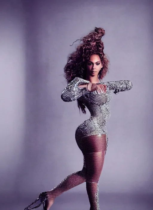 Image similar to music video still of beyonce styled by nick knight posing, showstudio,, full body shot, vogue magazine, canon, highly realistic. high resolution. highly detailed. dramatic. 8 k. 4 k.