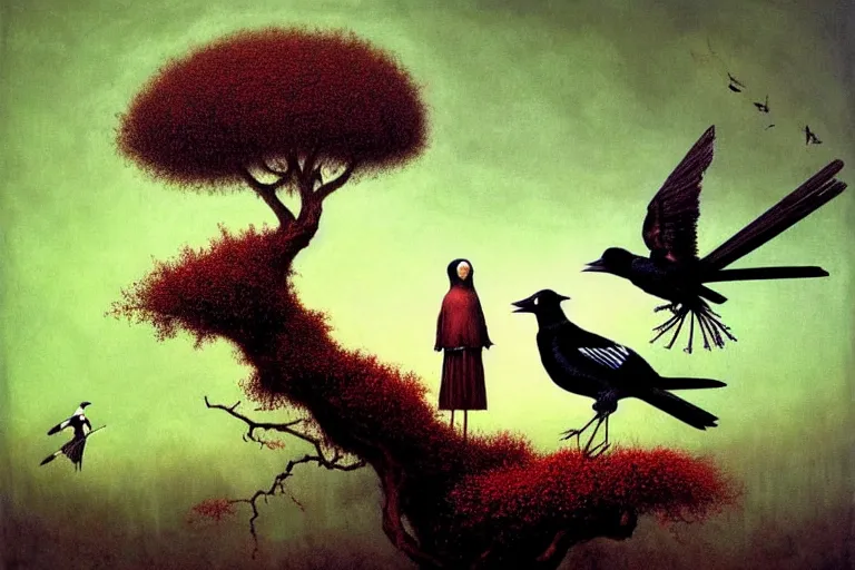 Image similar to a magpie family hosting their magpie relatives on top of a pine tree, in the style of rafał olbinski, in the style of beksinski, intricate and epic composition, red by caravaggio, insanely quality, highly detailed, masterpiece, purple light, artstation, 4 k