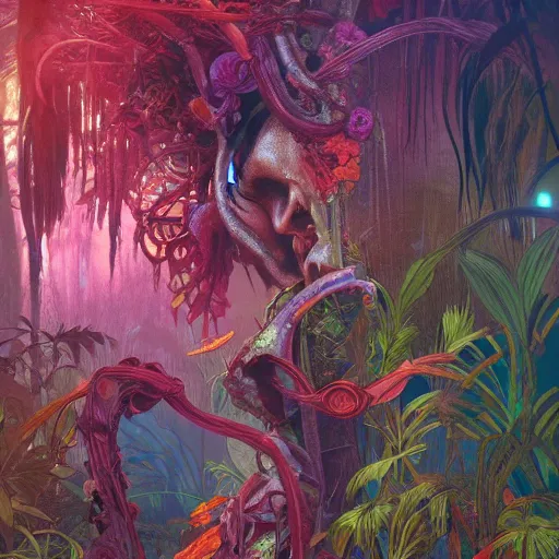 Prompt: vibrant coloured flowers growing in a tropical jungle, inspired by HR giger and Lovecraft, veins, dim soft light, intricate, highly detailed, digital painting, artstation, concept art, sharp focus, illustration, art by greg rutkowski and alphonse mucha