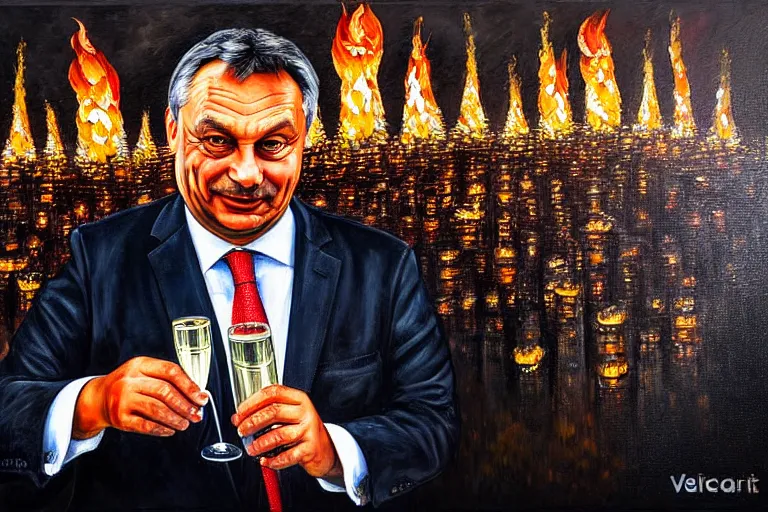 Image similar to viktor orban drinking champagne in front a burning city, highly detailed eyes, oil painting