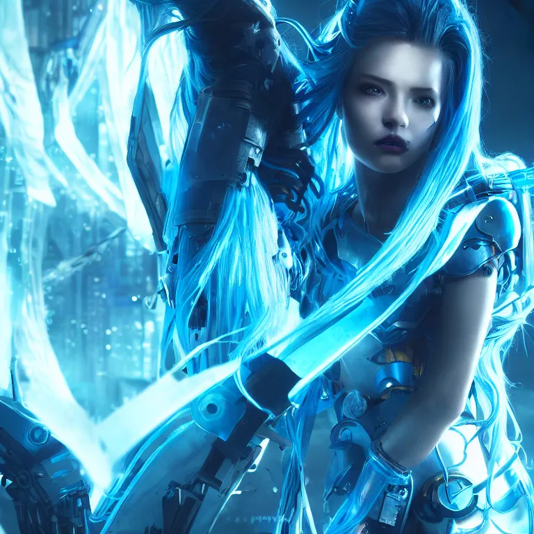 Image similar to beautiful cinematic fantasy poster, a cyberpunk cyborg female with brilliant blue flowing hair, beautiful blue glowing gold eyes, wideshot ultrawide angle epic scale, in the style of Mika Koskensalmi, Jason Chan, art station; cinematic quality character render; low angle; ultra high quality model; production quality cinema model;