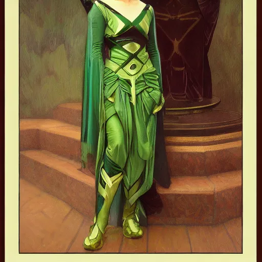 Image similar to Billie Eilish as female loki, oil on canvas, noir, trending on artstation, by Alphonse Mucha and Edmund Blair Leighton and Charlie