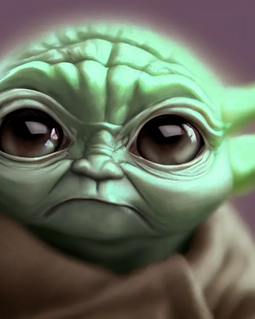 Image similar to a cute closeup portrait of cute Baby Yoda by Craig Mullins; beauitiful; realistic-lighting; anatomically-correct; 90mm; f/1.4