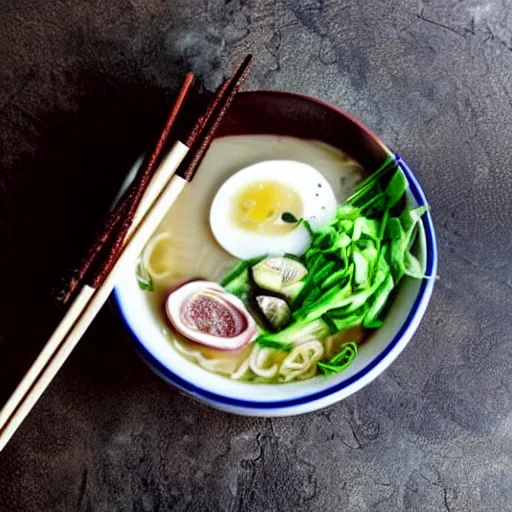 Image similar to A top view of a tonkotsu ramen next to a window on a rainy day