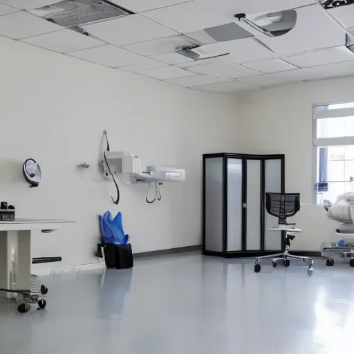 Image similar to minimalist room full of medical equipment, unknown location, clean, stucco walls, shiny floors