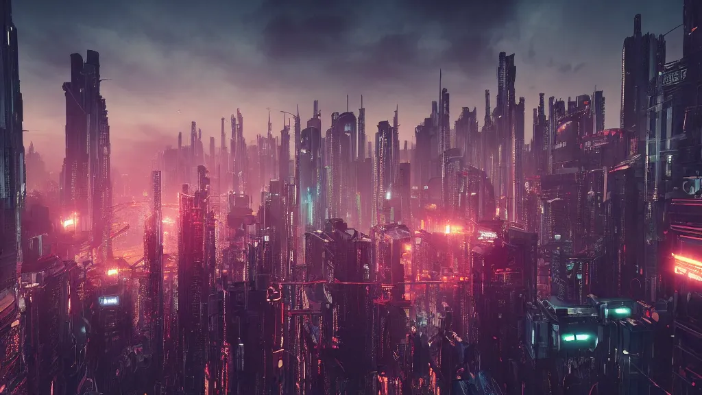 Image similar to twenty-fifth century megacity, dusk, cyberpunk, twilight, cinematic, 4k, rendered in octane