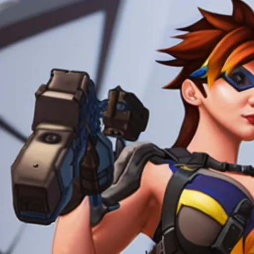 Image similar to a screenshot of tracer arnold schwarzenegger as tracer in overwatch