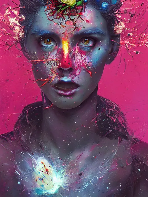 Image similar to art portrait of space zombie with flower exploding out of head,8k,by tristan eaton,Stanley Artgermm,Tom Bagshaw,Greg Rutkowski,Carne Griffiths,trending on DeviantArt,face enhance,hyper detailed,minimalist,cybernetic, android, blade runner,full of colour