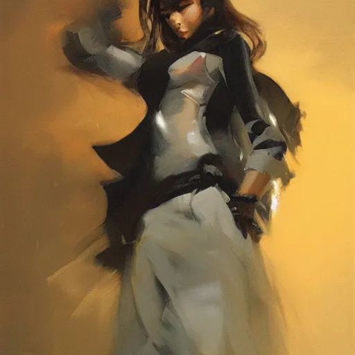 Prompt: greg manchess painting of an anime woman, direct flash photography at night, ruan jia