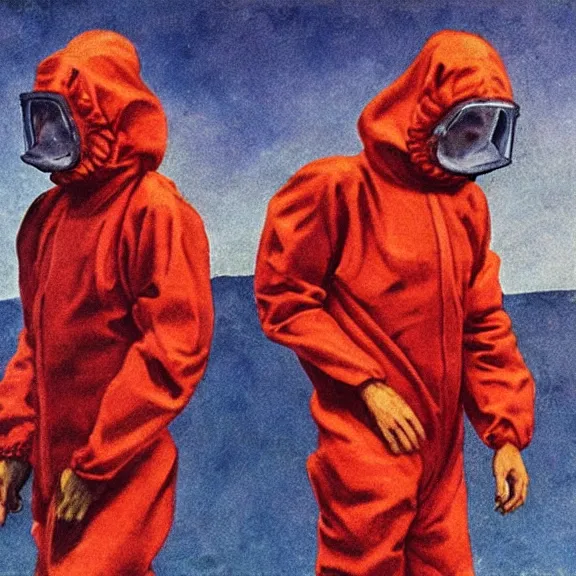 Prompt: two scientists wearing red rick owens hazmat suits escaping the tear in the cosmic continuum by frank frazetta