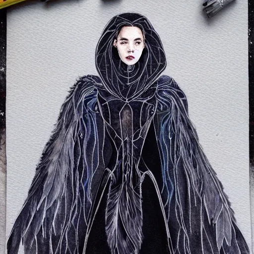 Image similar to full body detailed watercolor illustration of alien jennifer connelly mixed with anya taylor - joy, unsettling, hooded long black feathered cloak, uncanny valley, with black feathers instead of hair, gothic, tim burton, mike mignogna, gray mottled skin, space station - - ar 9 : 1 6