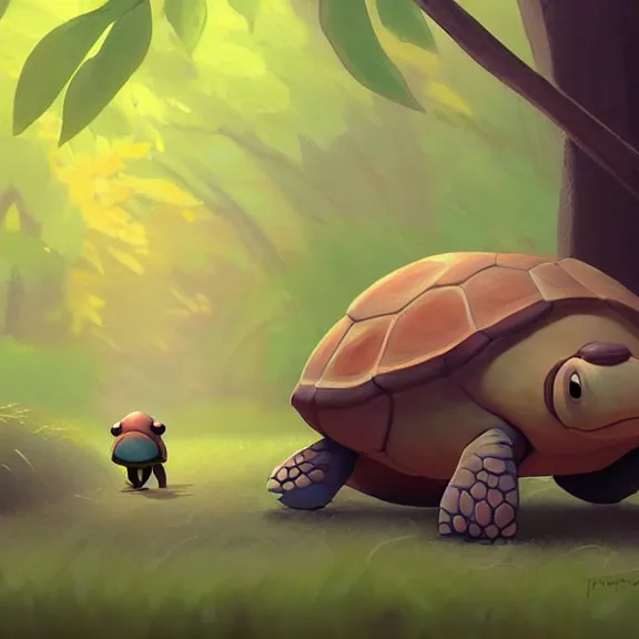 Image similar to Goro Fujita ilustration a cute turtle happily walking through the forest, painting by Goro Fujita, sharp focus, highly detailed, ArtStation