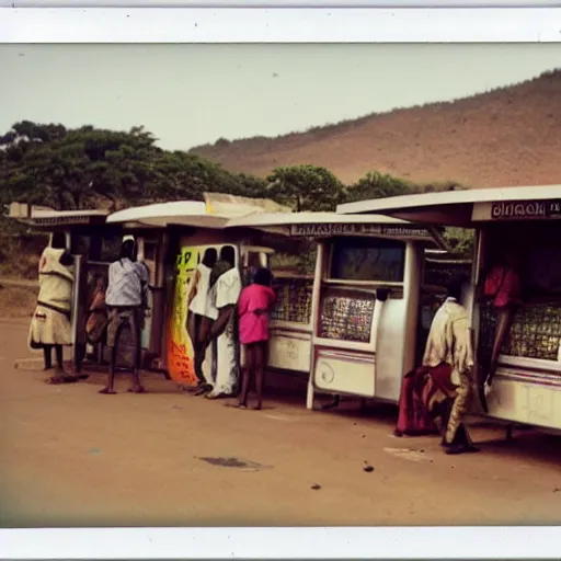 Image similar to old polaroids of futuristic african bus stops with informal sellers and digital screens, women selling fruit