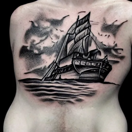 Image similar to pirate ship on a deserted island, realism tattoo drawing, hyper realistic, shaded