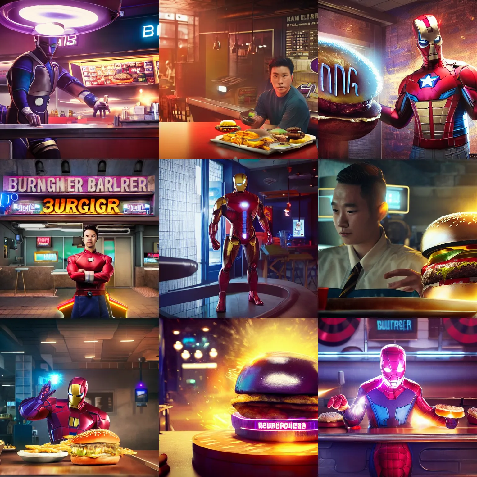 Prompt: marvel's kang the conqueror working at burger kang, hyper realistic, cinematic composition, ambient lighting, cinematic, nuke compositor, 3 d, cinema 4 d, redshift, trending at artstation, octane render