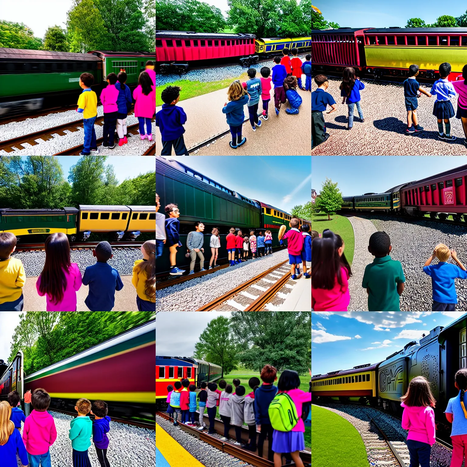 Prompt: students watching a real train go through their school playground