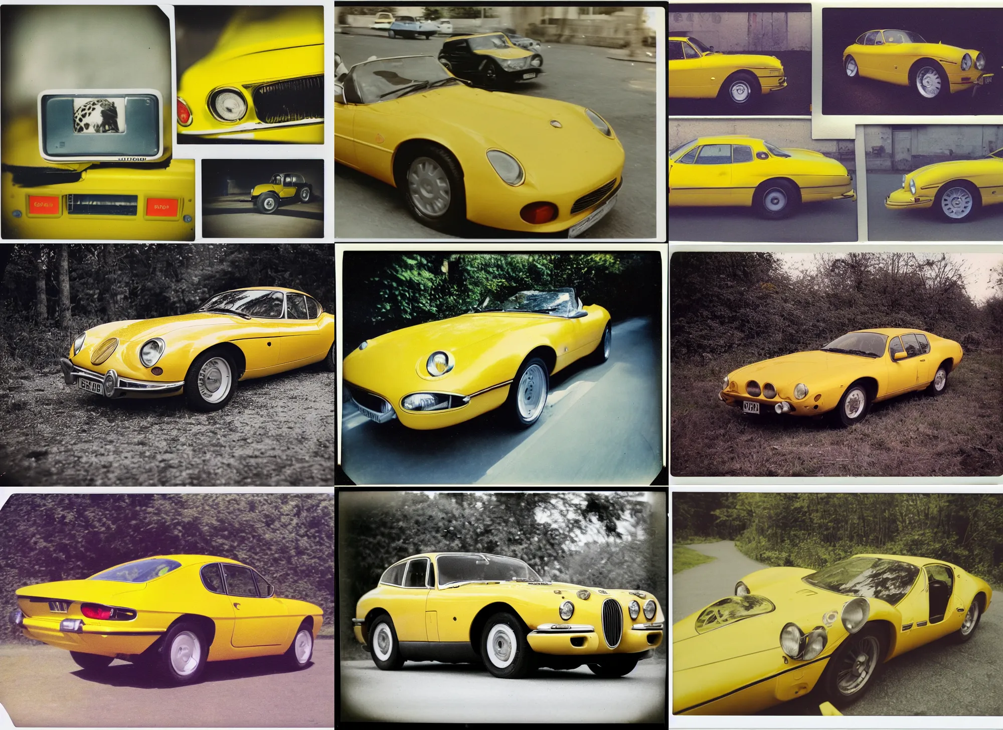 Prompt: old polaroid shots of a yellow jaguar car