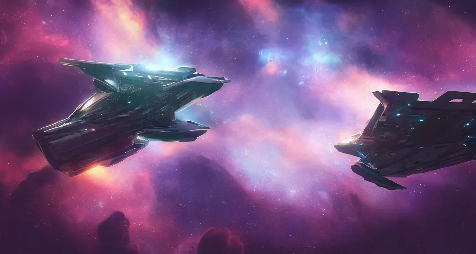 Prompt: a 35mm photo of a fast futuristic! space ship!! flying through a nebulae filled with cyberpunk space stations!, concept art, matte painting, contrasting color scheme,