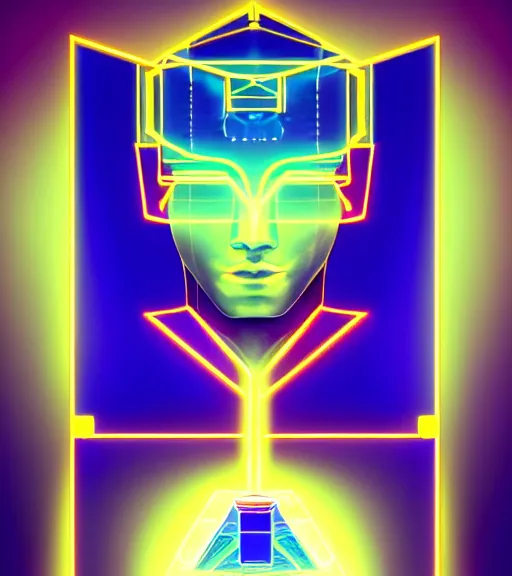 Image similar to symmetry!! egyptian god of technology, solid cube of light, hard edges, product render retro - futuristic poster scifi, lasers and neon circuits, brown skin handsome egyptian god, intricate, elegant, highly detailed, digital painting, artstation, concept art, smooth, sharp focus, illustration, dreamlike, art by artgerm