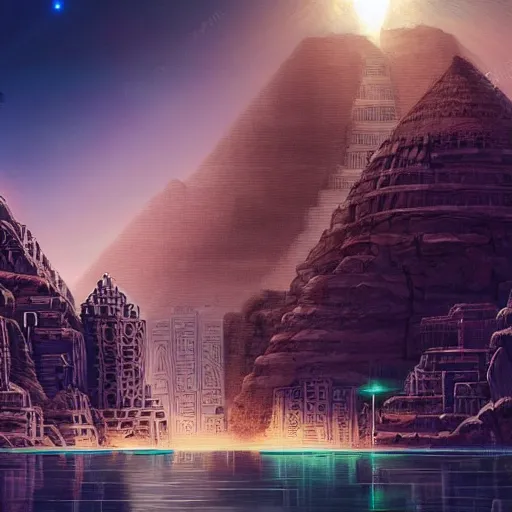 Image similar to ancient egypt cityscape in the space with waterfalls, retrowave epic art, trending on art station