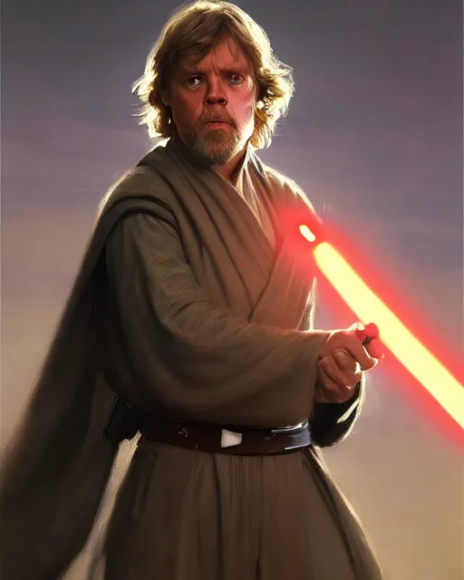 Image similar to luke skywalker, jedi knight. fantasy science fiction art by greg rutkowski, gustave courbet, rosa bonheur, edward hopper. faithfully depicted facial expression, perfect anatomy, sharp focus, global illumination, radiant light, detailed and intricate environment, trending on artstation