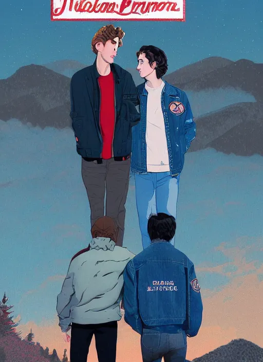Prompt: Twin Peaks romance movie poster artwork by Michael Whelan and Tomer Hanuka, Rendering of Ryan Gosling wearing letterman jacket and Timothée Chalamet wearing denim jean jacket from scene from Twin Peaks, full of details, by Makoto Shinkai and thomas kinkade, Matte painting, trending on artstation and unreal engine