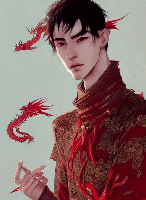 Prompt: concept art, a young man with danfeng eyes, fair complexion, straight nose, thin lips, delicate eyebrows, handsome and elegant, always wears a set of hanfu embroidered with red dragons, conrad roset, greg rutkowski, flume cover art