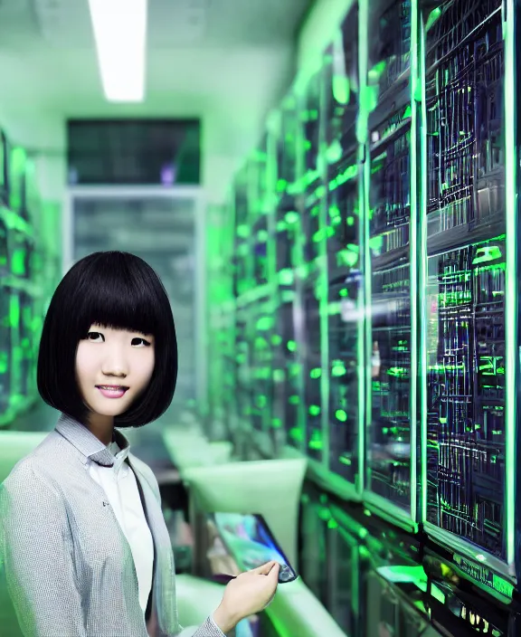 Image similar to asian girl, neon green bobbed and bowl cut hair, standing in a server room, wearing business casual dress, 4 k, vaporwave, cinecolor, perfect detail, realism