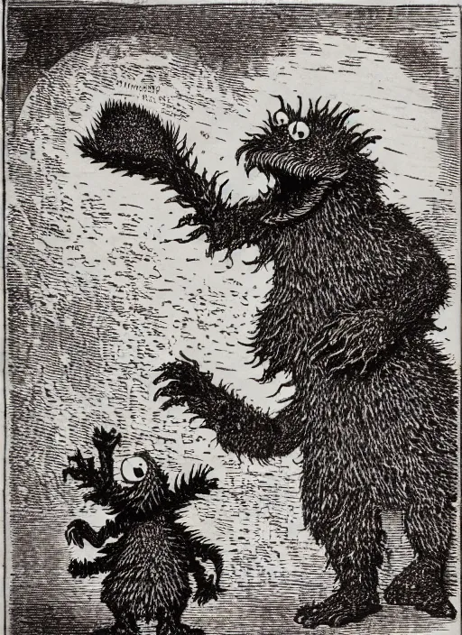 Image similar to cookie monster devours gingerbread men, demon from the dictionarre infernal, etching by louis le breton, 1 8 6 9, 1 2 0 0 dpi scan, ultrasharp detail, clean scan