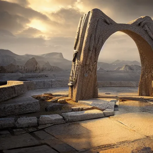 Prompt: stargate made of stone that form a circle, cinematic view, epic sky, 8K, octane render, unreal engine, dramatic lighting, cinematic, establishing shot, extremely high detail, foto realistic, cinematic lighting, post processed, concept art, high details, cinematic, 8k resolution, beautiful detailed, photorealistic, digital painting, artstation, concept art, smooth, sharp focus, artstation trending, octane render, unreal engine