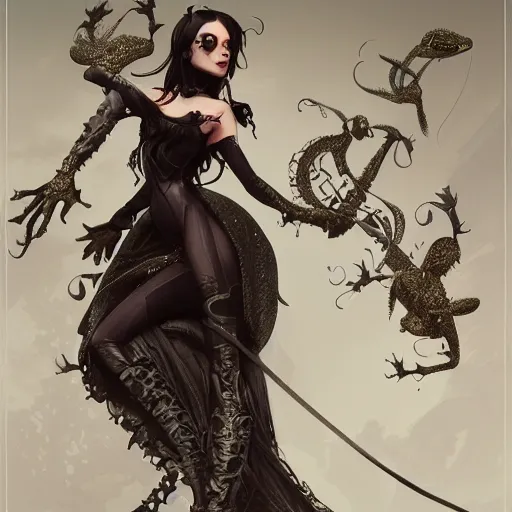 Image similar to attractive goth woman with a frog, intricate, highly detailed, digital painting, artstation, concept art, smooth, sharp focus, illustration, unreal engine 5, 8 k, art by artgerm and greg rutkowski and alphonse mucha