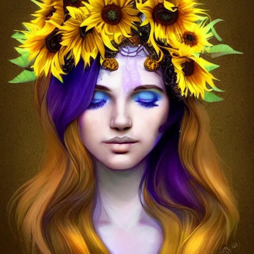 Image similar to a beautiful stunning matte digital portrait illustration of a blue-eyed woman with freckles and violet hair wearing a yellow sunflower crown, in the style of Ross Tran, art nouveau, trending on artstation, contest winner