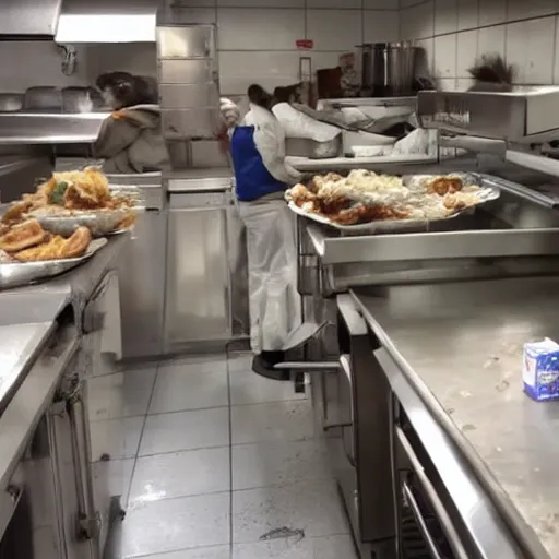 Prompt: fast food restaurant kitchen filled with rats all over