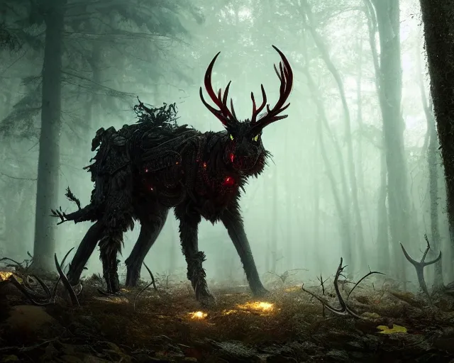 Prompt: 5 5 mm portrait photo of an armored demonic cat with antlers, in a magical forest. magical atmosphere. art by greg rutkowski. highly detailed 8 k. intricate. lifelike. soft light. nikon d 8 5 0.
