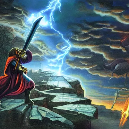 Image similar to a medieval wizard destroys his computer with magical energy, digital matte painting by david mattingly.