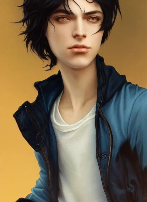 Prompt: androgynous young man with short black hair, light blue eyes, glowing, golden hour, wearing jeans and a black hoodie, realistic painting by ross tran and gerald brom and alphonse mucha, trending on artstation