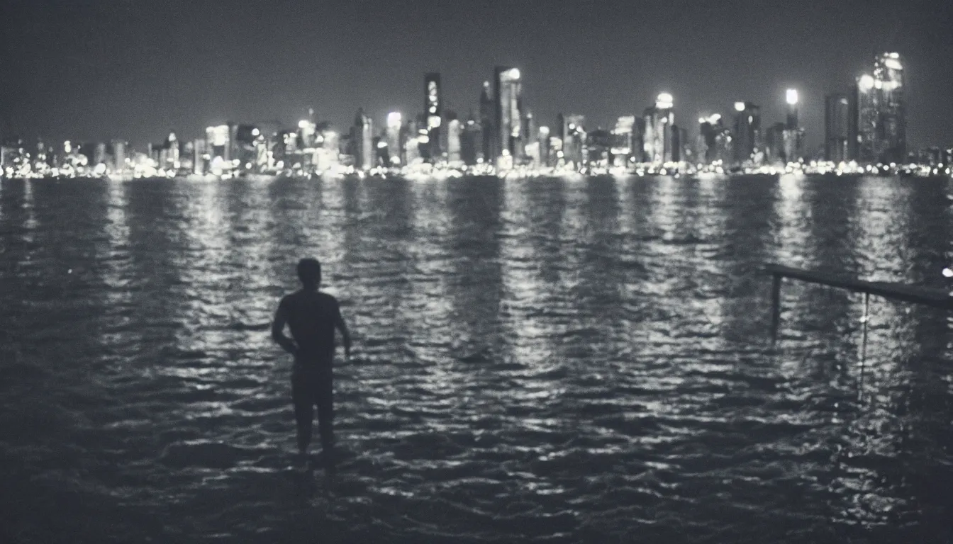 Prompt: 80s asian neon movie still with a lone man on a pier by the river at night loking at city lights in distance. Boats with night lights passing by. Fallen angels movie still. hyperrealistic, photorealistic, high definition, medium format photography, highly detailed, tehnicolor, anamorphic 50mm lens