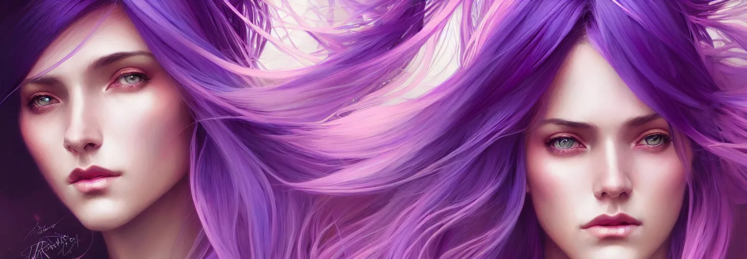 Image similar to Portrait of a woman with bright colored flying hair, all shades of purple. Hair coloring, amber eyes, face, long hair, fantasy, intricate, elegant, highly detailed, digital painting, artstation, concept art, smooth, sharp focus, illustration, art by artgerm and greg rutkowski and alphonse mucha