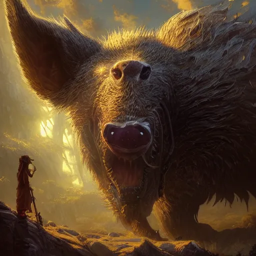 Image similar to highly detailed big angry boar, stephen bliss, unreal engine, fantasy art by greg rutkowski, loish, rhads, ferdinand knab, makoto shinkai and lois van baarle, ilya kuvshinov, rossdraws, tom bagshaw, global illumination, radiant light, detailed and intricate environment