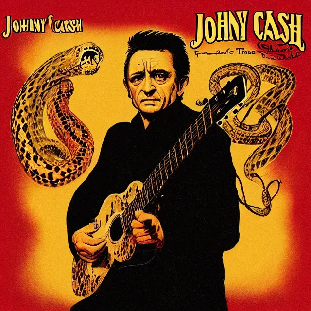 Image similar to album cover for Johnny Cash: The Snake Oil Tapes, album art by Frank Frazetta, snake oil album, snakes