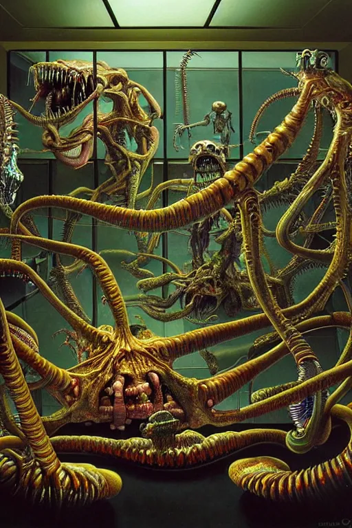 Prompt: a hyperrealistic detailed painting of a futuristic modern museum of abominations, glass displays with mutated creature, scientific specimens, oddities, cinematic lighting, depth perspective, depth of field, cinematic angle, by chris cunningham and richard corben, highly detailed, vivid color,