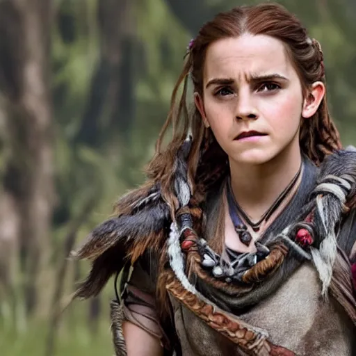 Prompt: emma watson as aloy from the new horizon zero dawn movie, movie still, 8 k, realistic