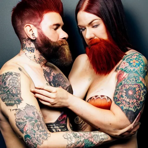 Image similar to a woman with straight red hair and a man with a dark well groomed beard and tattoos frowning at peas and pumpkin